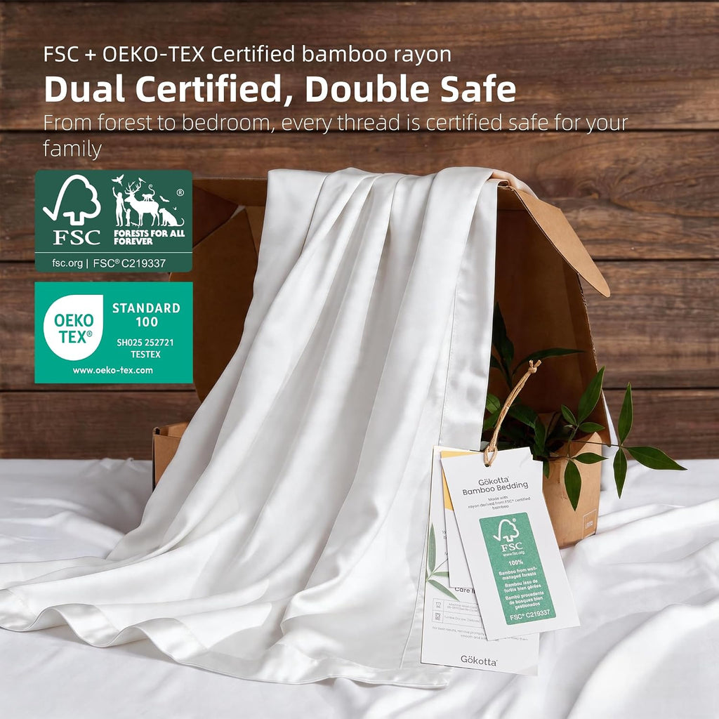 GOKOTTA Full Sheets Set - FSC & Oeko-TEX Certified - 100% Rayon Derived from Bamboo - 430 High Thread Count Ultra Soft and Cooling,16'' Deep Pocket with Elastic Corner Straps - Pure White