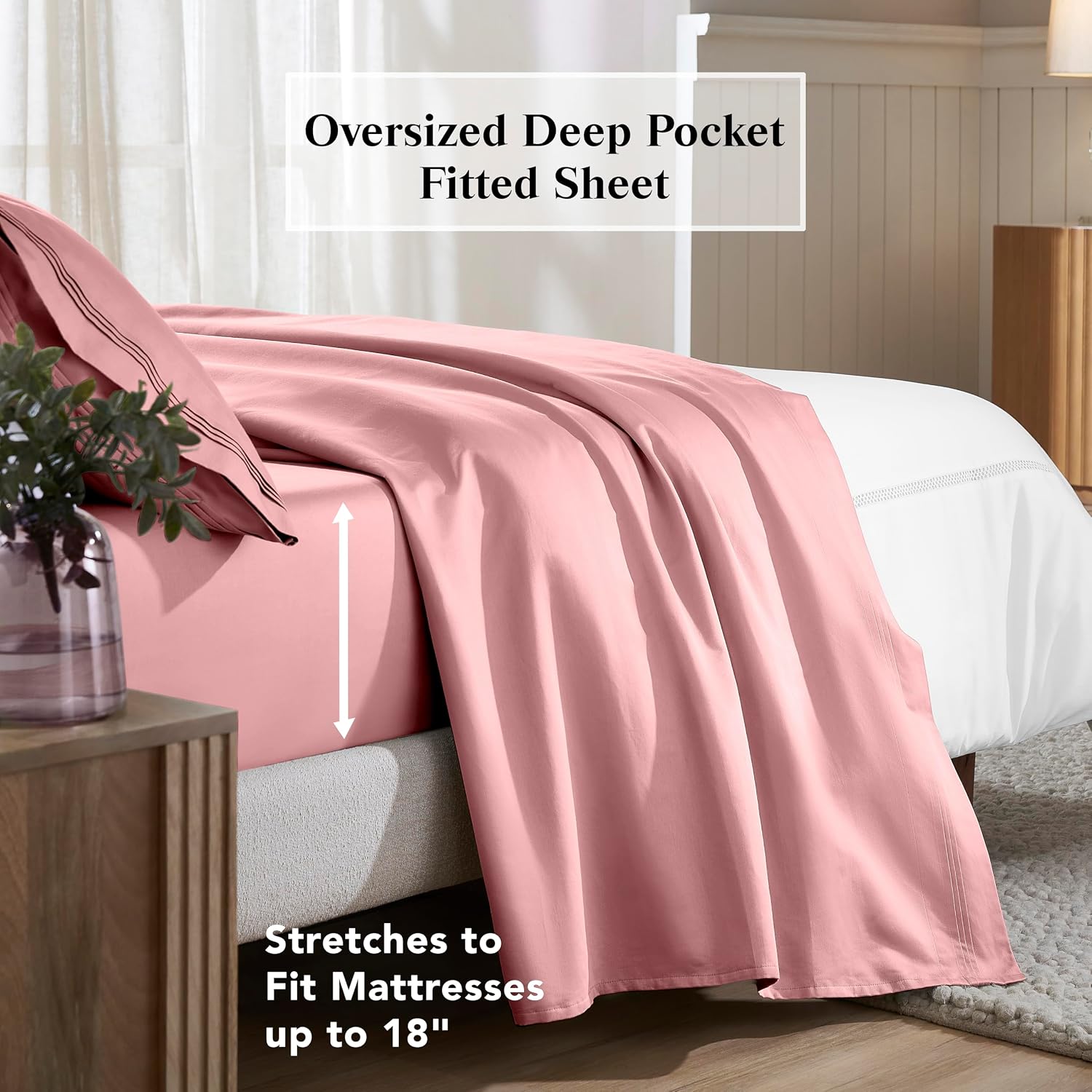 Superior Egyptian Cotton 4 Piece Sheet Set, 650 Thread Count, Eco-Friendly, Sustainable Sheets, Ultra-Soft Basics, Solid, Deep Pocket Fitted Sheet, Flat Sheet, Pillowcases, Queen, Blush