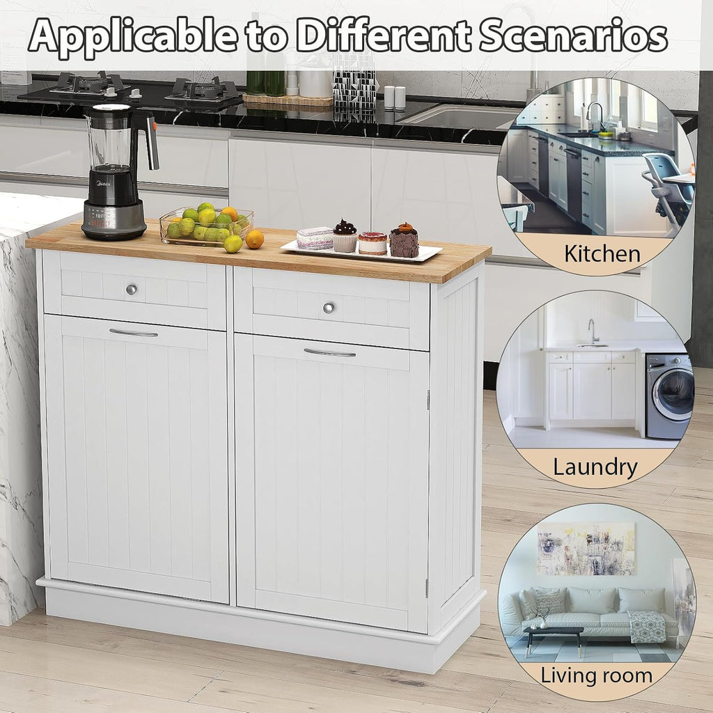 POWERSTONE Hidden Tilt Out Trash Cabinet Kitchen Island with 2 Drawers & Adjustable Shelf, Rubber Wood Countertop, Freestanding Laundry Hamper Recycle Bins, Pet Proof Garbage Can Holder White