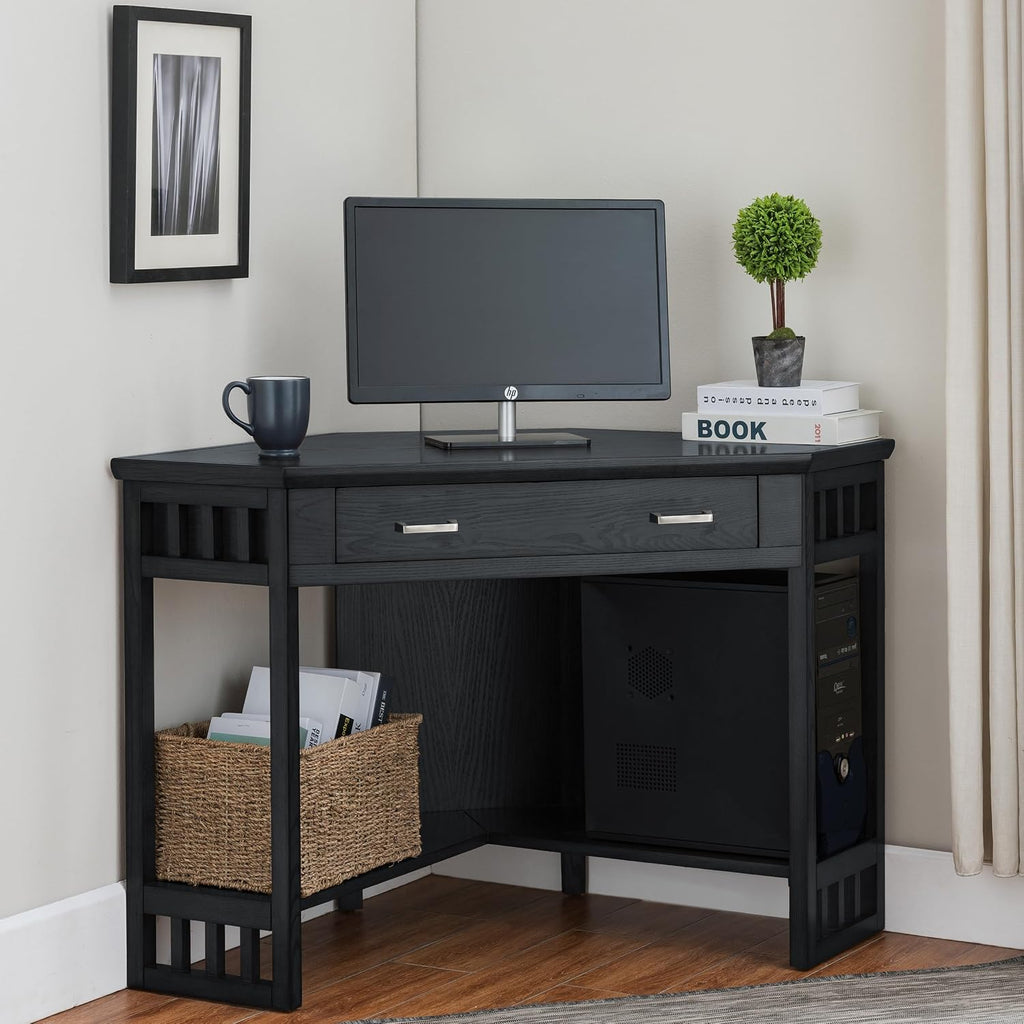 Leick Home 83430 Corner Computer/Writing Desk with Center Keyboard Drawer and Shelf, Black Oak