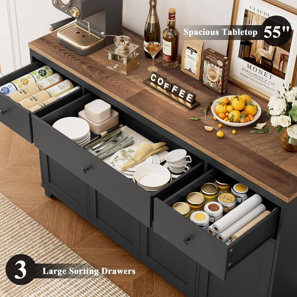 HIFIT 55' Large Kitchen Buffet Cabinet with Storage Drawers, Farmhouse Sideboard Buffet Table Storage Cabinet with Doors and Shelves, Wood Coffee Bar Cabinet for Kitchen Dining Living Room, Black