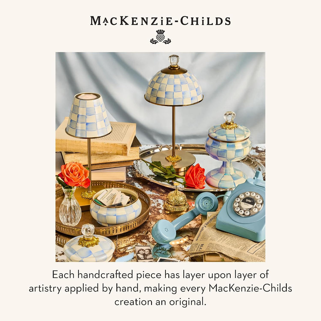 MACKENZIE-CHILDS LED Rechargeable Cafe Table Lamp, Cordless Decorative Lamp, Light-Blue-and-White Sky Check