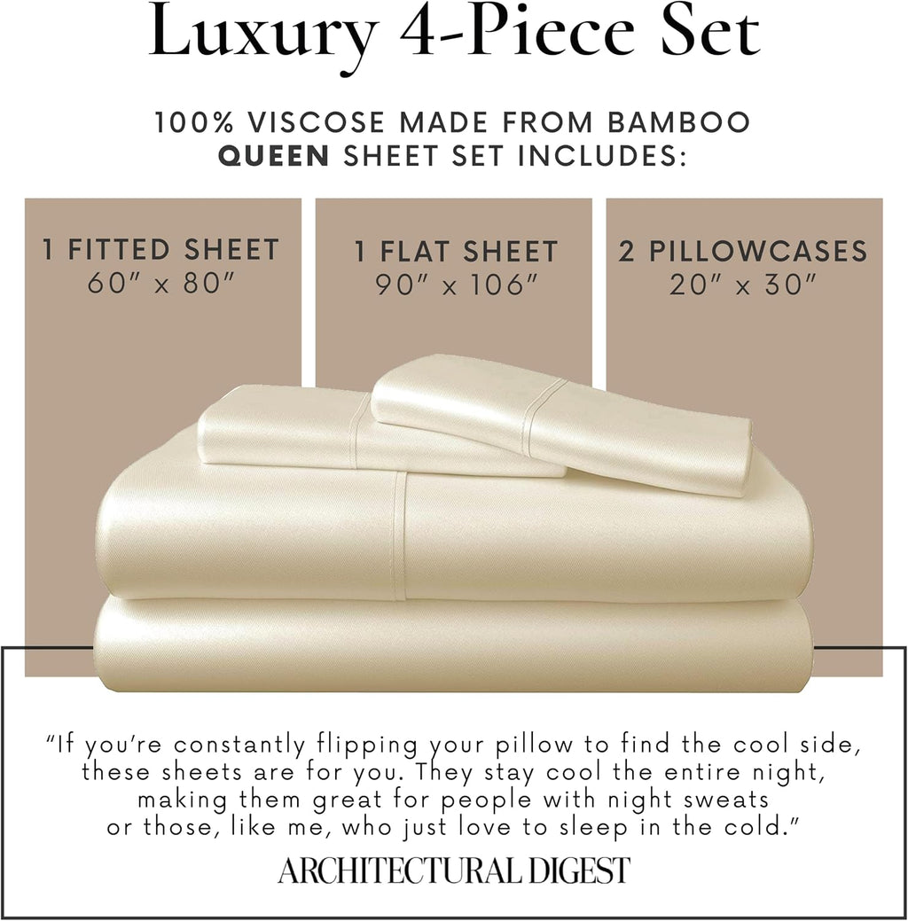 Bamboo Bay 4 Piece Queen Size Sheet Set, 100% Viscose Made from Bamboo, Breathable, Ultra Soft Cooling Bed Sheets for Hot Sleepers, Beddings with Deep Pockets Fit 16' Mattress, Ivory