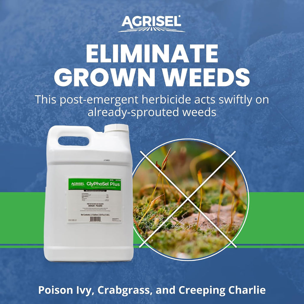 Agrisel GlyPhoSel Plus Weed Killer, Post Emergent, Long-Lasting Action, Eliminates Tough Weeds from Leaf to Root, For Non-Crop Areas, Pet Safe, Includes 3-pack of Agrisel Protective Gloves, 320 Ounces