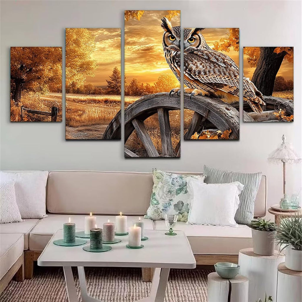 Owl Diamond Art 5 Piece Diamond Painting Landscape 5D DIY Full Round Drill Dimond Art Paintings Rhinestones Crafts for Adults Gem Painting for Home Decor, Large Artwork for Wall 44 x 90 Inch, Model135