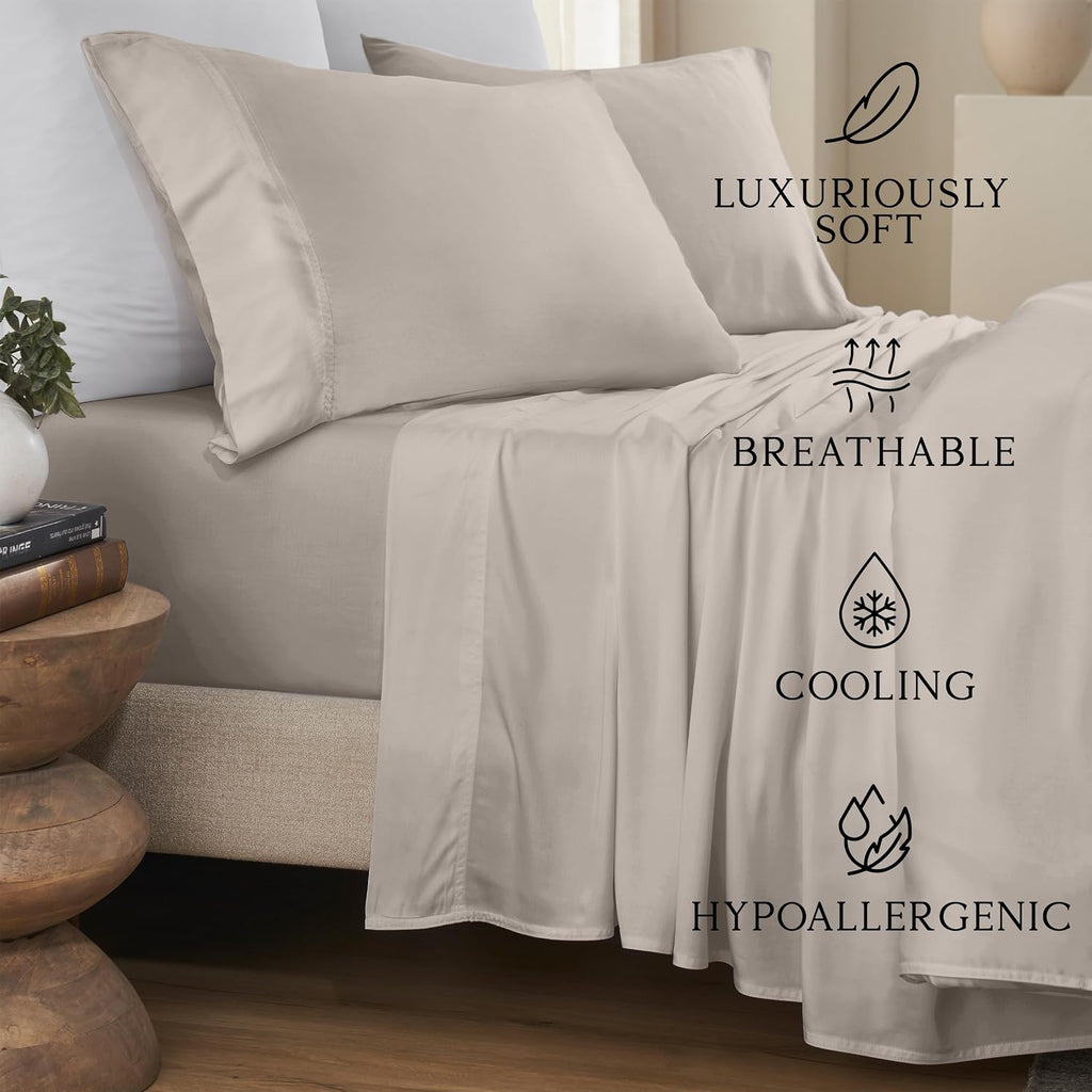 KARISSA MAE Pure Viscose from Bamboo 34' Split Top King Size Sheet Set | 100% FSC Certified | Luxuriously Soft | Cooling | 18' Deep Pocket w/Corner Straps | [Dune]
