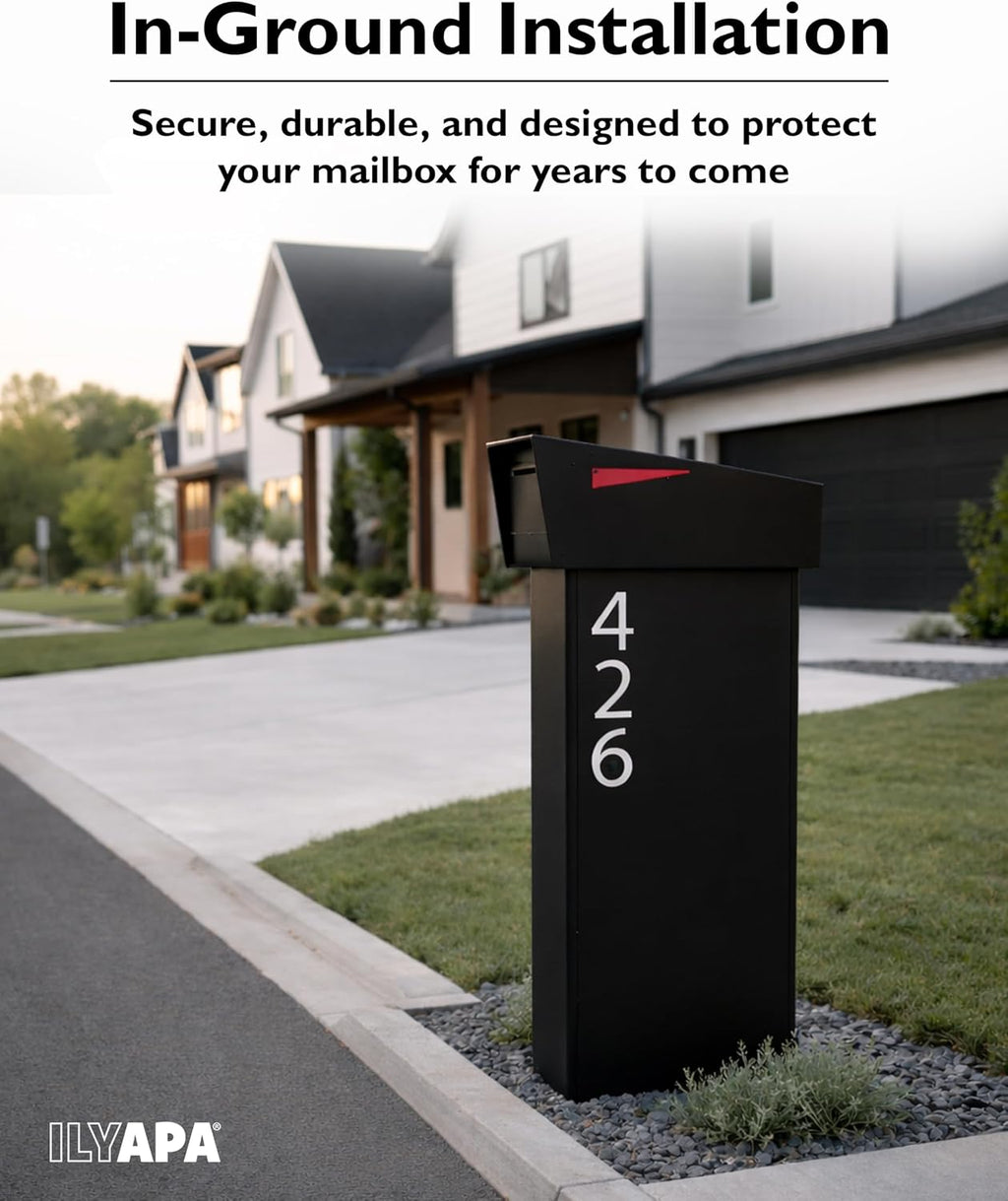 Ilyapa Modern Mailbox Post for Outside, 41x18x5 inch Black Metal Mail Box Posts for Decorative Residential Mailboxes, Includes Adjustable Universal Mounting Plate