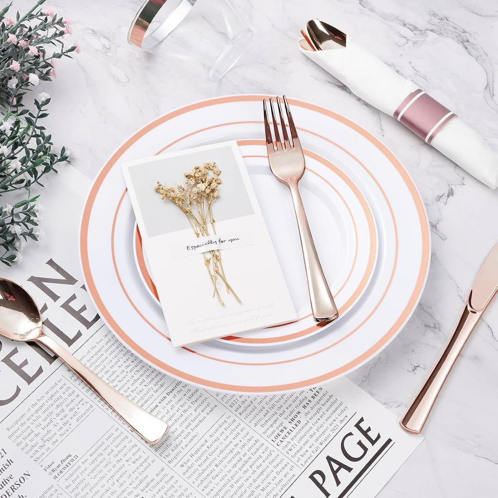 BESTVIP 700PCS Rose Gold Plastic Dinnerware Set, Disposable Party Plates for 100 Guests, Include: 200 Plastic Plates, 100 Pre Rolled Napkins with Rose Gold Silverware, 100 Cups for Christmas