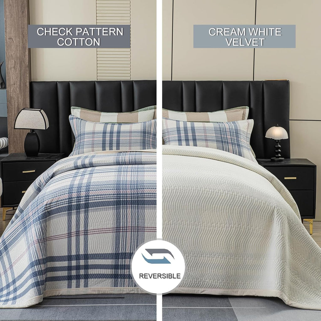 tohrisa Cotton Plaid Quilt Set, Ultra Soft 3 Pieces King Size Bedding with 2 Pillow Shams, Lightweight Reversible Coverlet Bedspread with Wave Quilting for Summer, 108'x96', Grid-Blue White