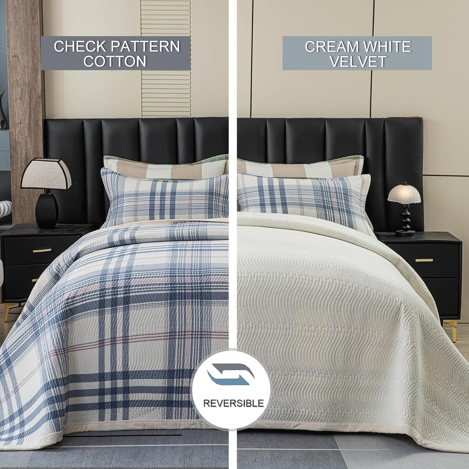 tohrisa Cotton Plaid Quilt Set, Ultra Soft 3 Pieces King Size Bedding with 2 Pillow Shams, Lightweight Reversible Coverlet Bedspread with Wave Quilting for Summer, 108'x96', Grid-Blue White