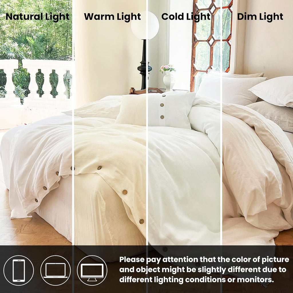 Simple&Opulence 100% Linen Duvet Cover Set 3pcs with Coconut Button Closure Natural French Washed Flax Solid Color Soft Breathable Farmhouse Bedding - White, Queen Size