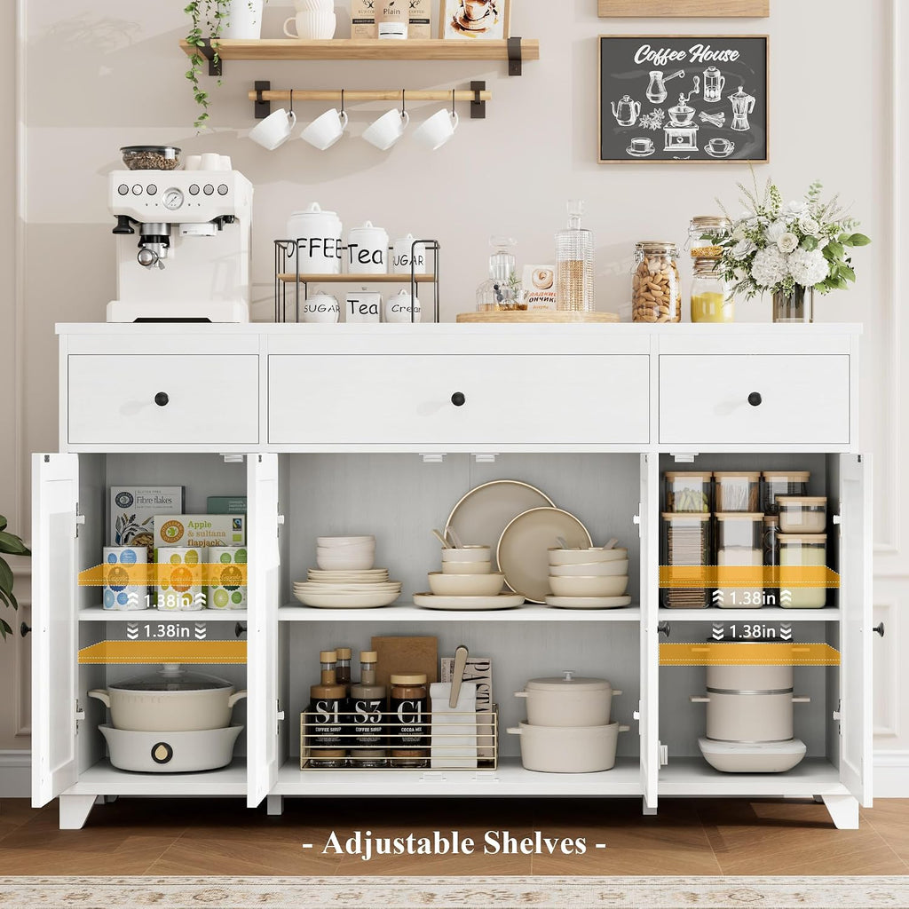 HIFIT 55' Large Kitchen Buffet Cabinet with Storage Drawers, Modern Sideboard Buffet Table Storage Cabinet with Doors and Shelves, Wood Coffee Bar Cabinet for Kitchen Dining Living Room, White