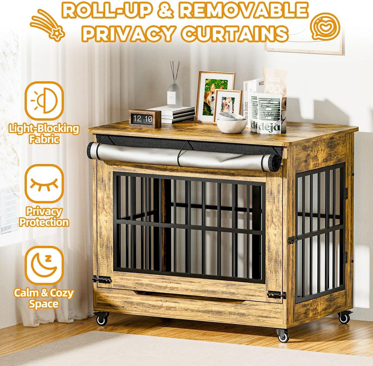 38' Dog Crate Furniture, Double Door Wooden Indoor Dog Kennel Furniture, Decorative Pet Cage End Table with Wheels for Large and Medium Breed Dogs, Size L, Rustic Brown