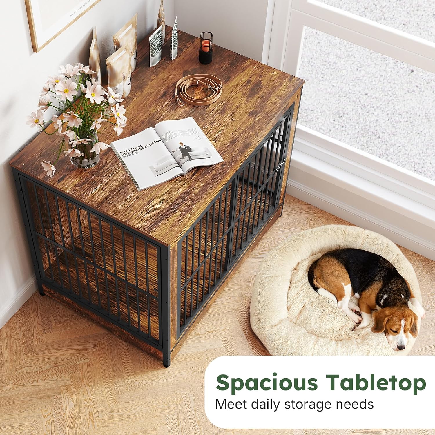 Yafylly 42 in Dog Crate, XL Dog Crate Furniture with 3 Doors, Wooden Dog Furniture Crate for Medium Dogs Large Breed, Heavy Duty Dogs Kennel End Table, Multiple Units Can be Combined or Stacked