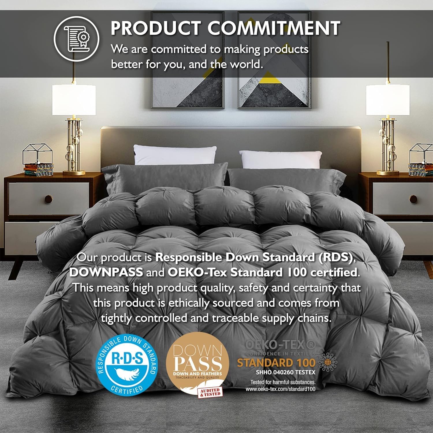 Luxurious Super King Size Goose Down Feather Fiber Comforter Duvet Insert, Ultra-Soft 100% Egyptian Cotton Cover, 95 oz. Fill Weight, Super King All-Season Pinch Pleat Ruffled Gray Comforter
