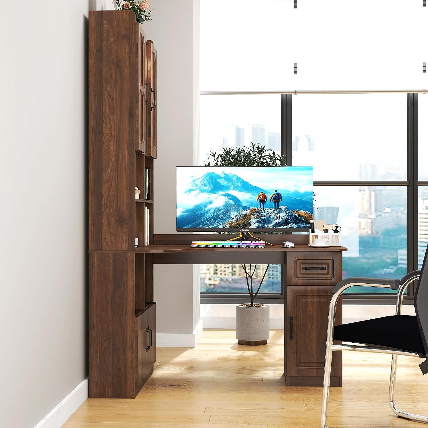 ZeHuoGe L-Shaped Corner Computer Desk for Home Office or Study Desk, Study Modern Style Table with Drawers, Bookshelf & Hutch, 2-in-1 L-Shaped Design, Large Working Space (Walnut)
