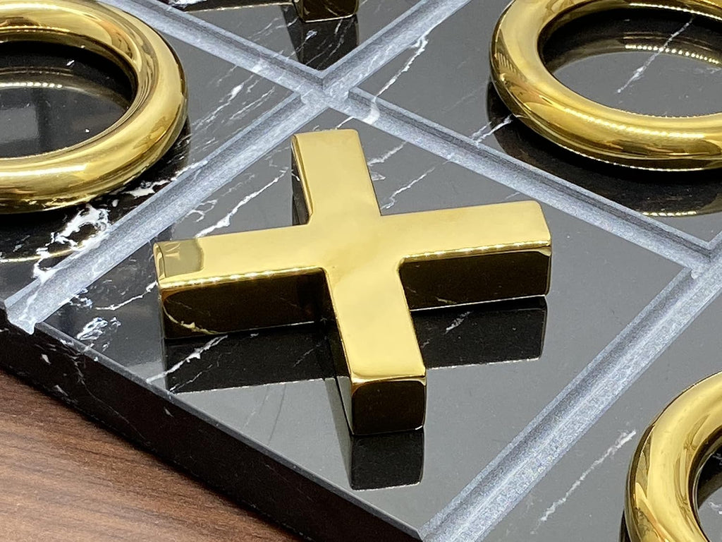 Marble Tic Tac Toe Game for Living Room Decor Centerpiece Black and Gold XO with Black Marble and Gold Color Stainless Steel Decorative Table Top X/O Board Coffee Table Décor