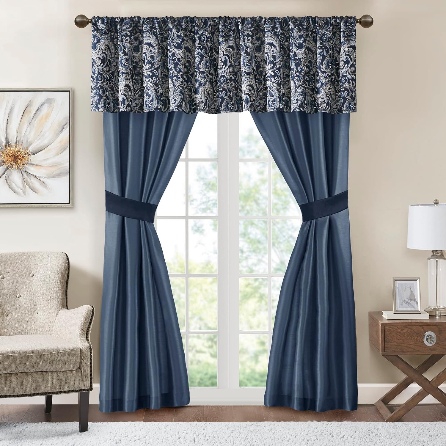 Madison Park Essentials Brystol 24 Piece Room in a Bag Faux Silk Comforter Jacquard Paisley Design Matching Curtains Down Alternative All Season Bedding-Set, King(104 in x 92 in), Navy 24 Piece