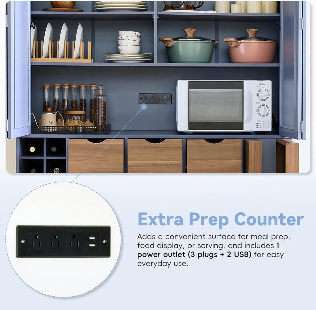 Merax 71' H Tall Kitchen Pantry Cabinet with Outlet, Modern Kitchen Hutch with Microwave Stand and Wine Racks, Large Food Pantry Storage Cabinet with Serving Trays and Drawers, Blue Gray