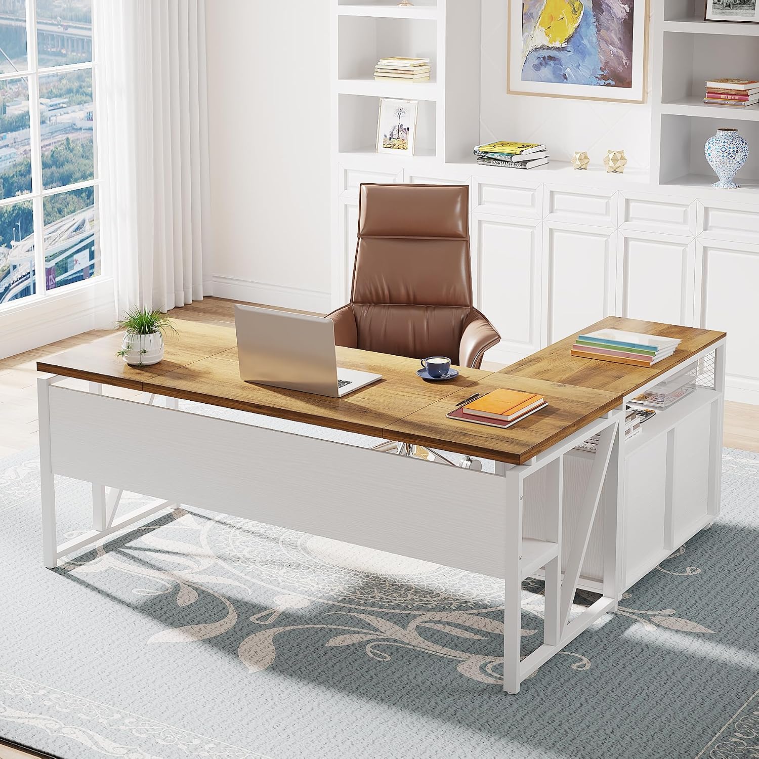 Tribesigns L Shaped Desk with Drawer,63' Executive Computer Desk and lateral File Cabinet, 2 Piece Home Office Furniture for Hanging File, Cabinet with Doors