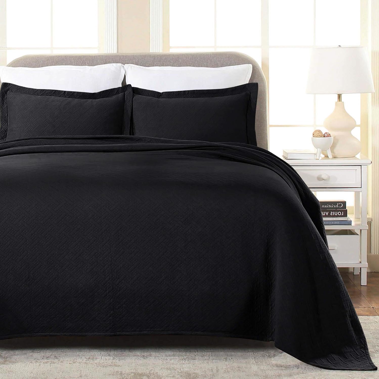 Superior 3 Piece Basketweave 100% Cotton Bedspread Set, Home Bed Decor, Decorative Bed Spread, 2 Pillow Shams, Medium Weight Blanket, Matelasse Coverlet Bedding, Geometric Lattice Pattern, King, Black