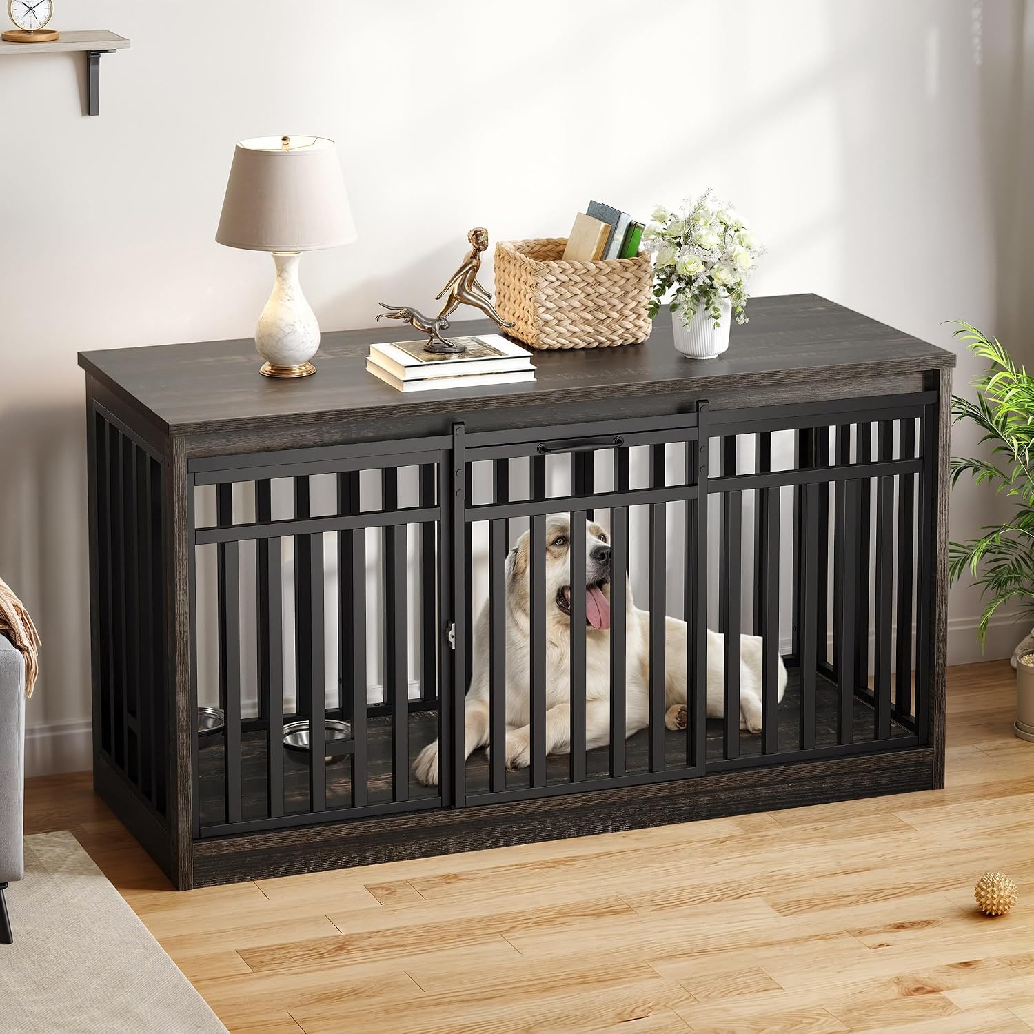 DWVO 55' Extra Large Dog Crate Furniture, Heavy Duty Metal Dog Kennel TV Stand with Sliding Door, Wooden Dog Cage Table with Dog Bowl for Extra Large Medium Dogs or 2 Small Dogs Black Oak