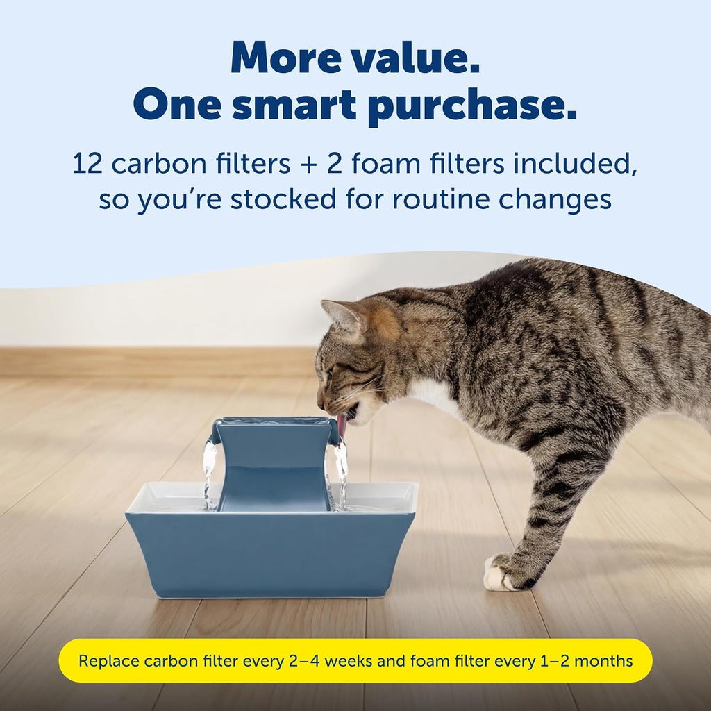 PetSafe Drinkwell Pagoda Pet Fountain 70 oz/ 2L Capacity,Elevated Indoor Ceramic Cat Water Fountain, 2 Levels of Free-Falling Stream, Included Carbon & Foam Filter Provide Fresh Water with Every Sip