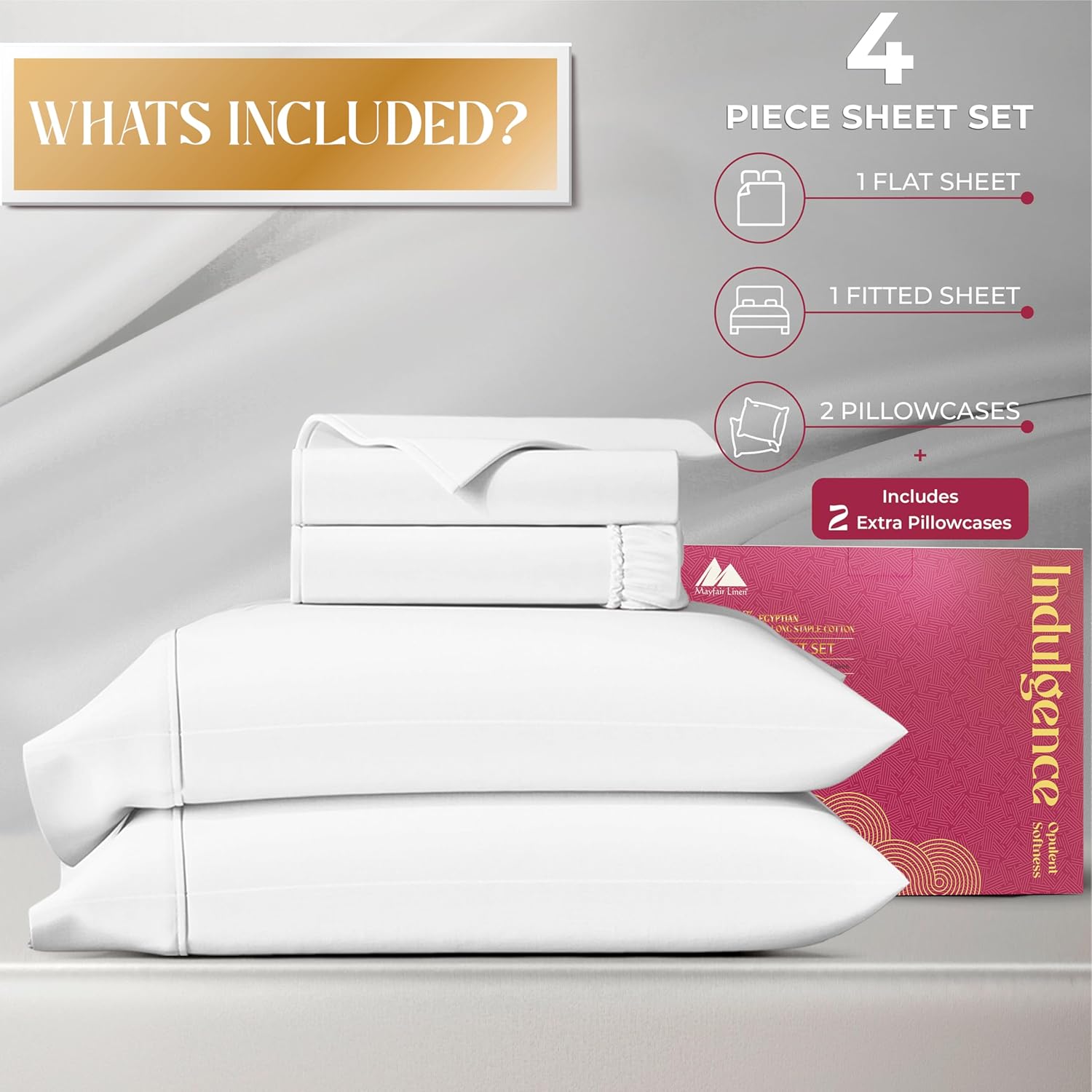 Mayfair Linen 100% Egyptian Cotton Damask Sheets King Size Bed Set - 1200 Series Luxury Egyptian Cotton King Sheet Set (4 PC, White Stripe), Silky Soft, Cooling, Sateen Weave, 17' Deep Pocket Bedsheet