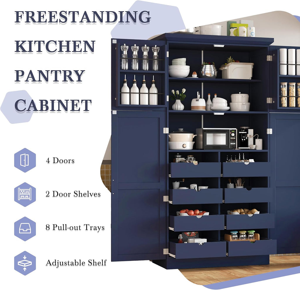 70.9 inch Kitchen Pantry Cabinet, Wood Freestanding Tall Storage Cabinet with 4 Doors and 2 Door Shelves, 8 Pull-Out Trays and Adjustable Shelf for Dining Room (Blue/65e)