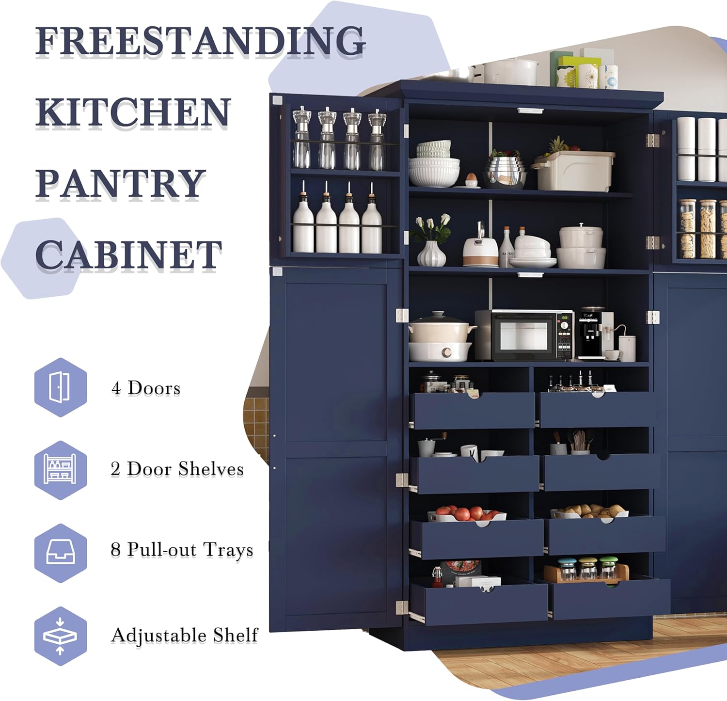70.9 inch Kitchen Pantry Cabinet, Wood Freestanding Tall Storage Cabinet with 4 Doors and 2 Door Shelves, 8 Pull-Out Trays and Adjustable Shelf for Dining Room (Blue/65e)