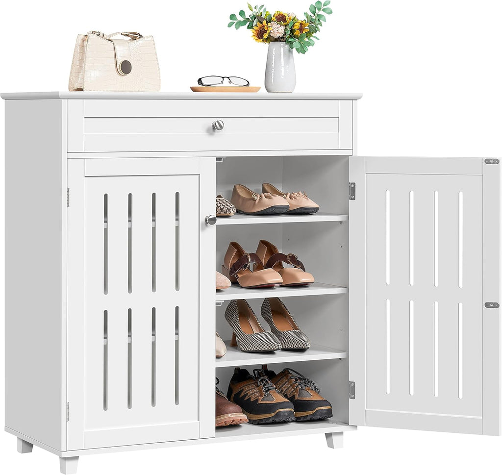 Topeakmart Wood Shoe Cabinet, Shoe Rack with 1 Big Drawer & 4 Storage Shelves, Shoe Storage Cabinet with 2 Louvered Door, for Entryway Living Room, White