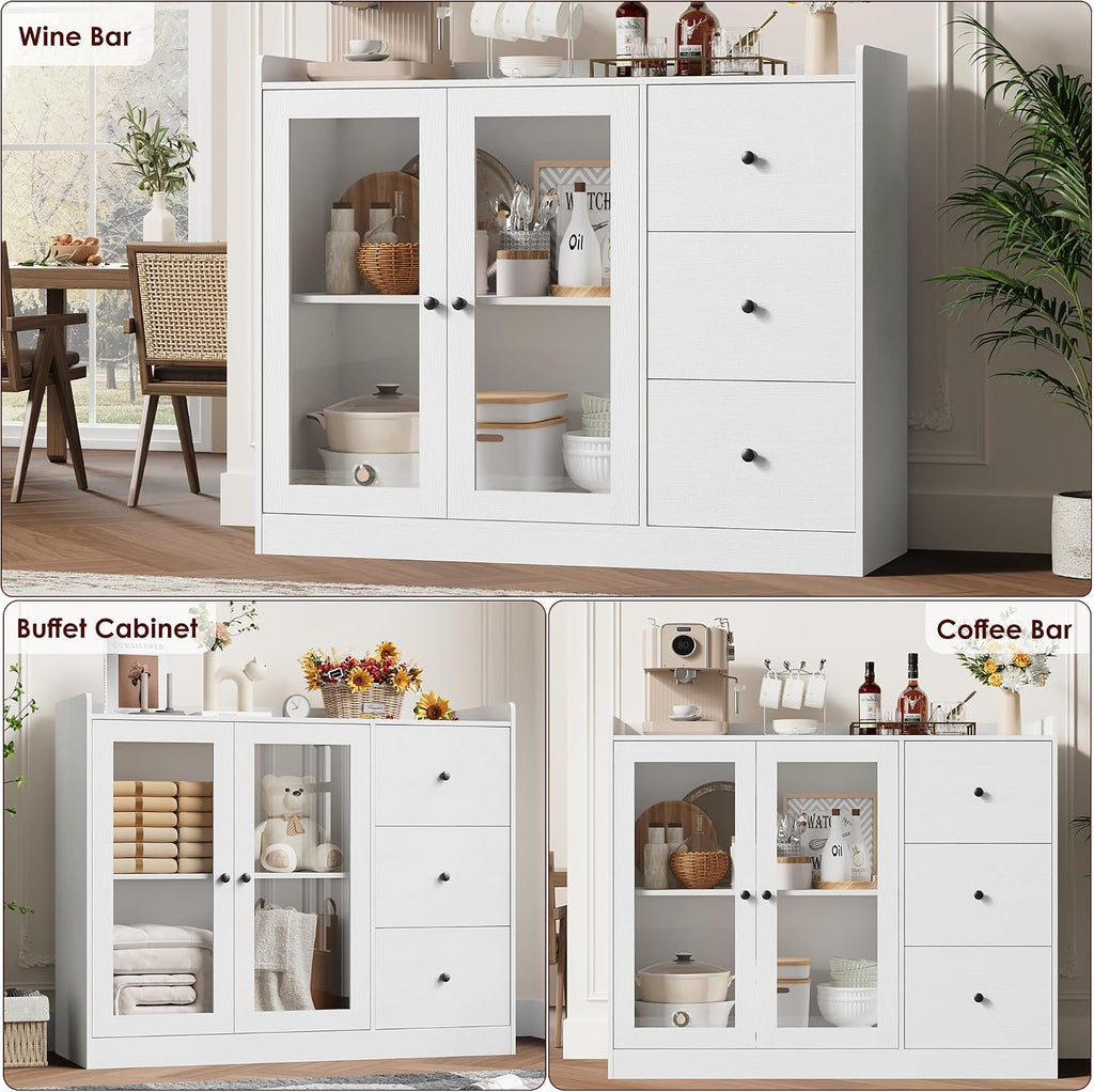 GarveeHome Sideboard Buffet Cabinet with Storage, 43 in Coffee Bar Cabinet with Glass Doors and 3 Drawers, Kitchen Storage Cabinet with Adjustable Shelves for Dining Room, Living Room, White