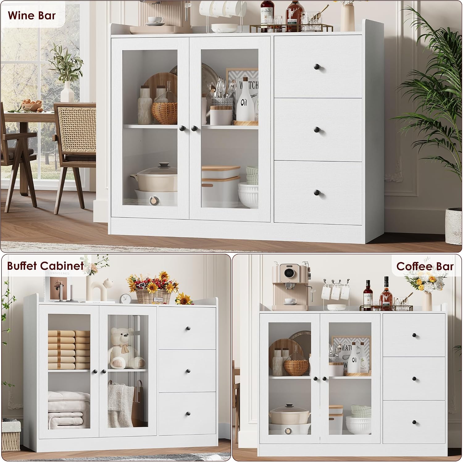 GarveeHome Sideboard Buffet Cabinet with Storage, 43 in Coffee Bar Cabinet with Glass Doors and 3 Drawers, Kitchen Storage Cabinet with Adjustable Shelves for Dining Room, Living Room, White