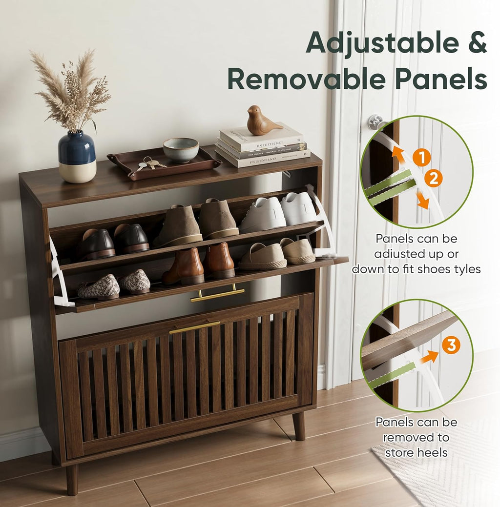 Smart FENDEE 31.5' W Shoe Cabinet Storage for Entryway with 2 Flip Drawers, Shoe Cabinet with Slatted Panel, Hidden Shoe Rack Freestanding Slim Shoes Organizer for Hallway, Entrance, Walnut