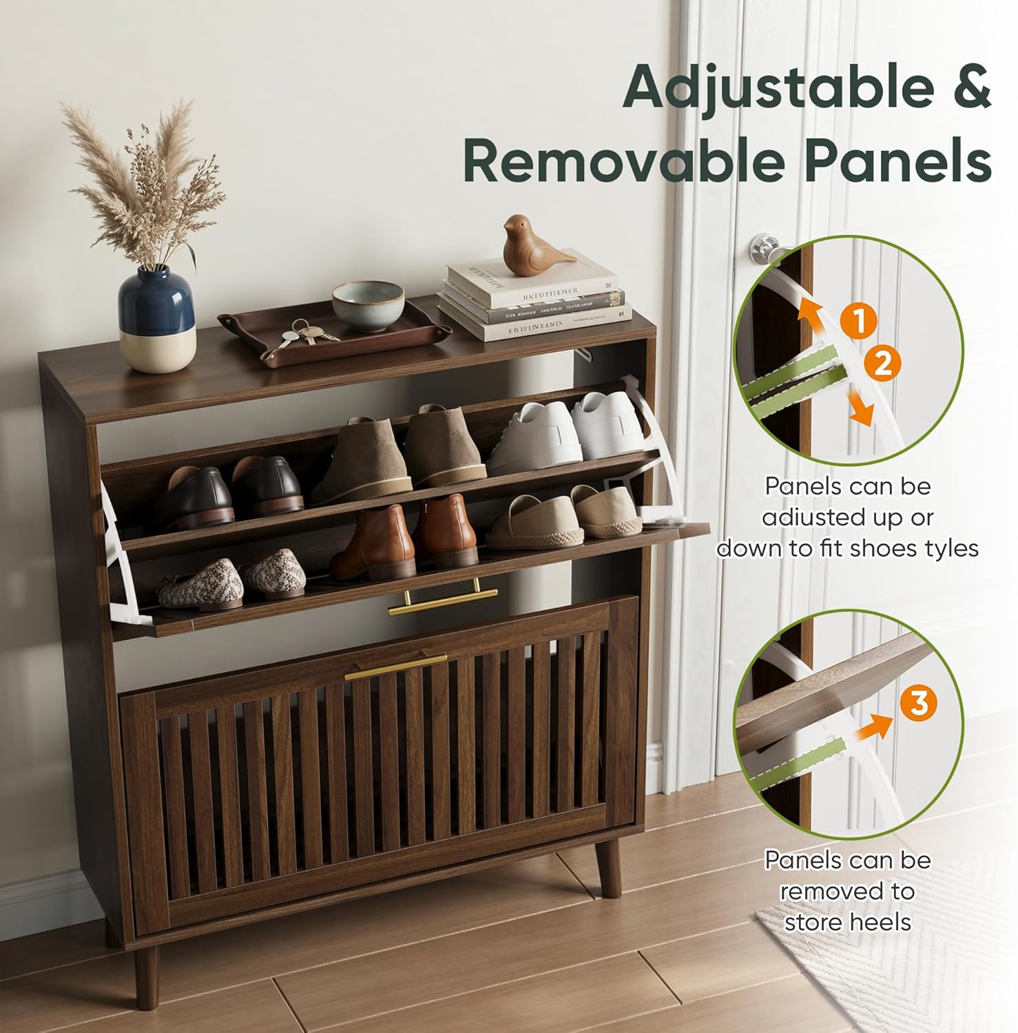 Smart FENDEE 31.5' W Shoe Cabinet Storage for Entryway with 2 Flip Drawers, Shoe Cabinet with Slatted Panel, Hidden Shoe Rack Freestanding Slim Shoes Organizer for Hallway, Entrance, Walnut