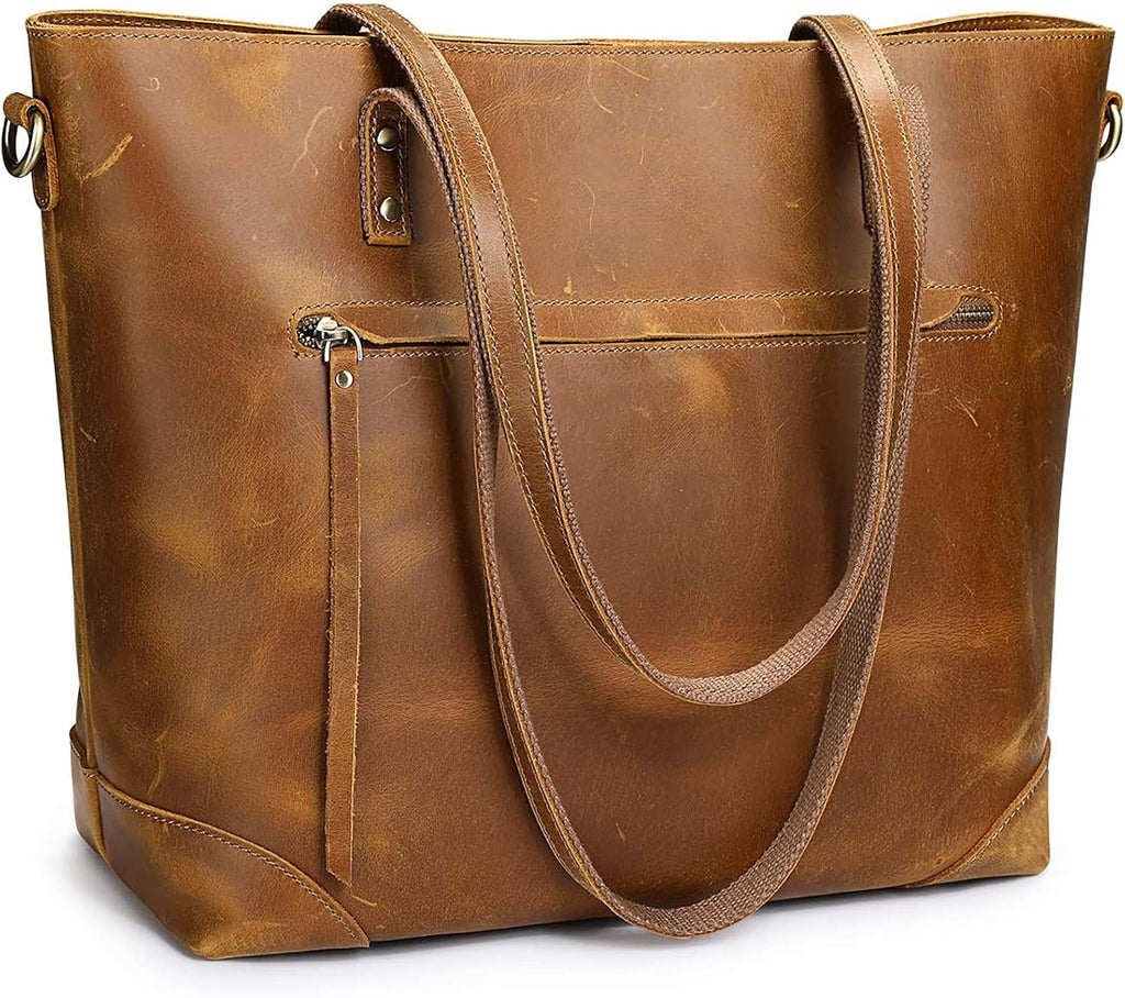 S-ZONE Vintage Genuine Leather Shoulder Bag Work Totes for Women Purse Handbag with Back Zipper Pocket Large
