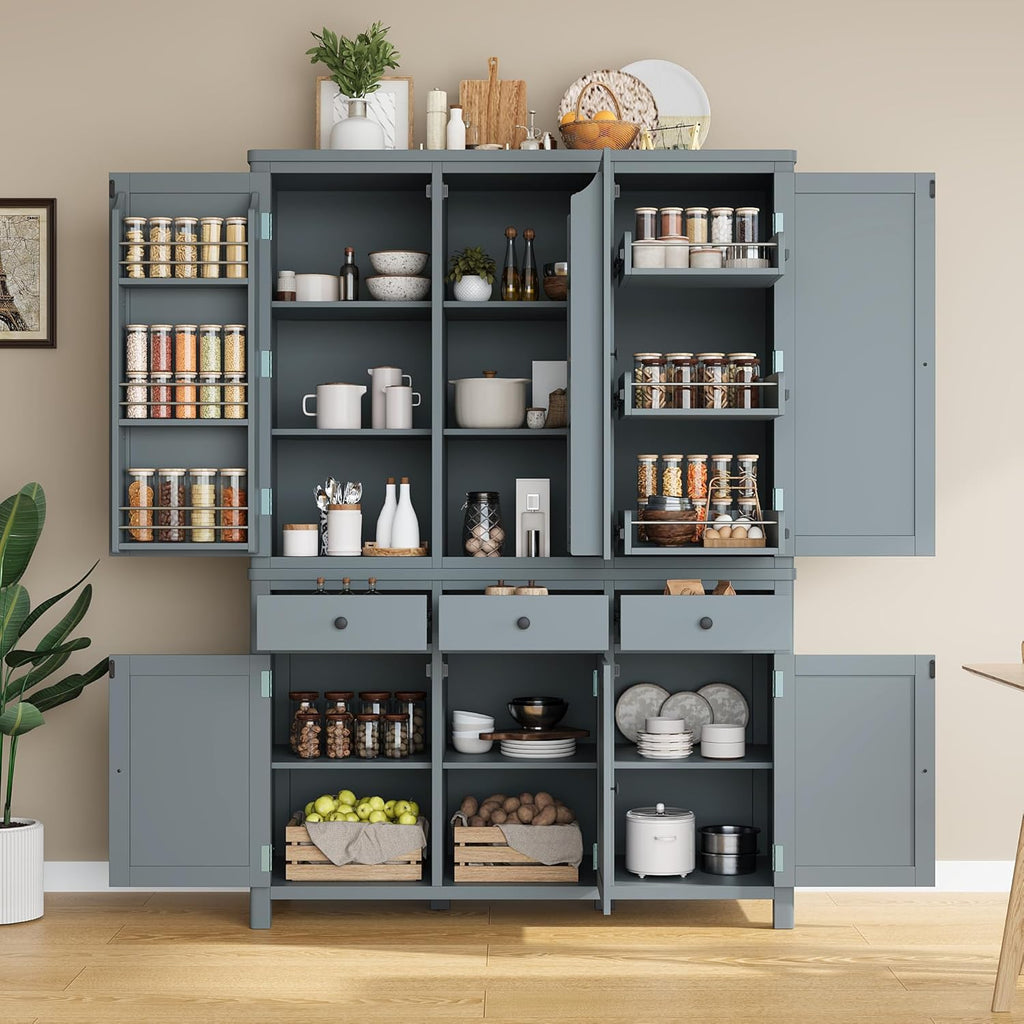 Farmhouse 74.8''H High Freestanding Kitchen Pantry, 53''Lx20''W Wooden Large Cupboard Storage Cabinet with Door Shelves, Adjustable Shelves, Pull-Out Trays and Drawers (Gray-6ds)
