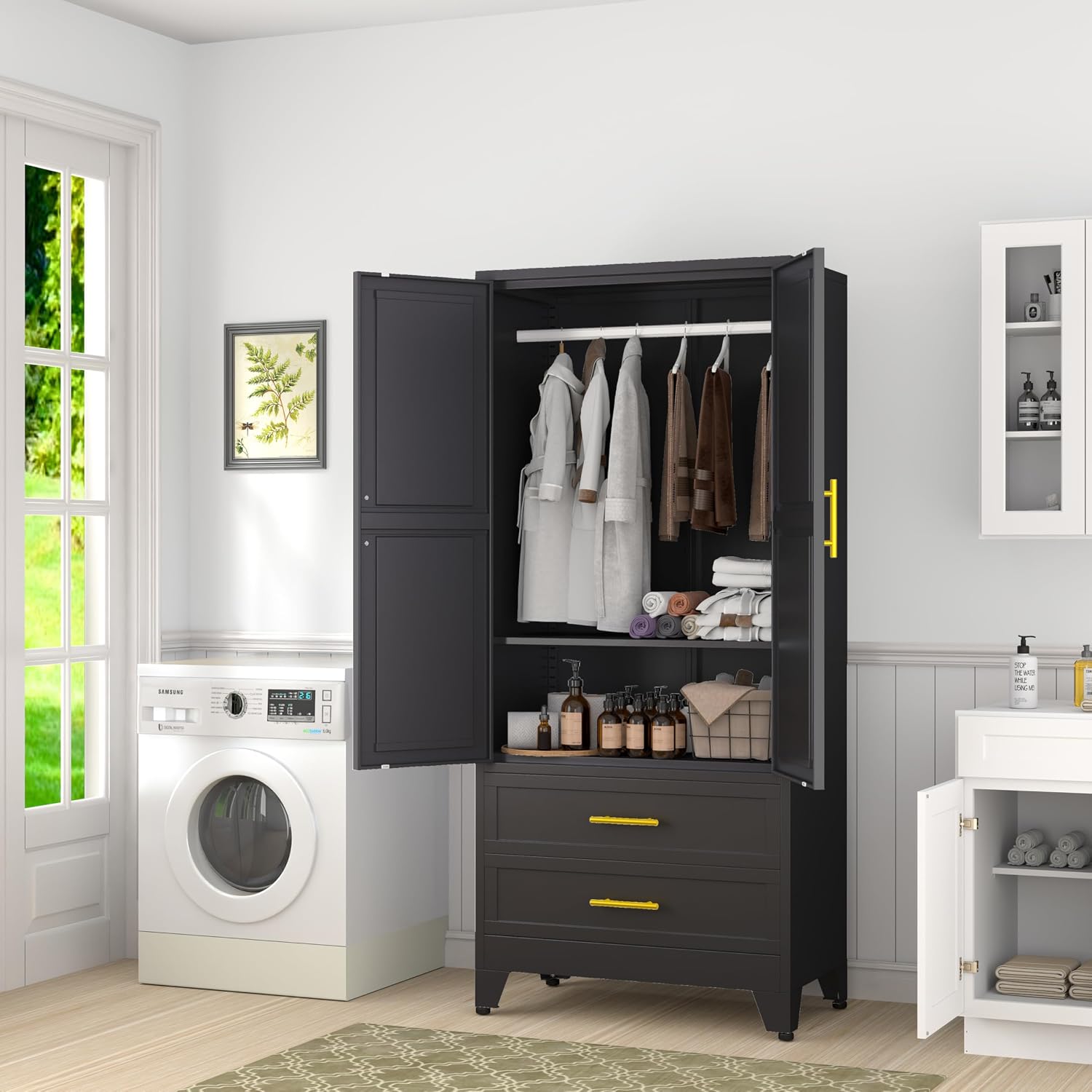 Metal Armoire Wardrobe Closet Storage Cabinet with Hanging Rod,71'' Metal Wardrobe Cabinet with 2 Drawers and Adjustable Shelf,2 Doors for Bedroom, Laundry Room, Cloak Room