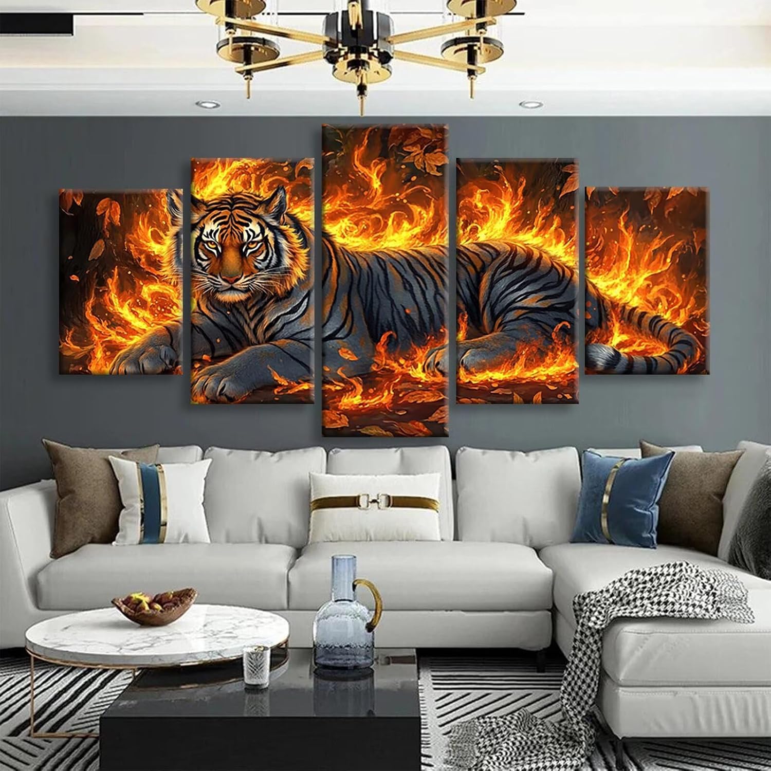 Tiger Diamond Art 5 Piece Diamond Painting Animal 5D DIY Full Square Drill Dimond Art Paintings Rhinestones Crafts for Adults Gem Painting for Home Decor, Large Artwork for Wall 48 x 100 Inch,Model318