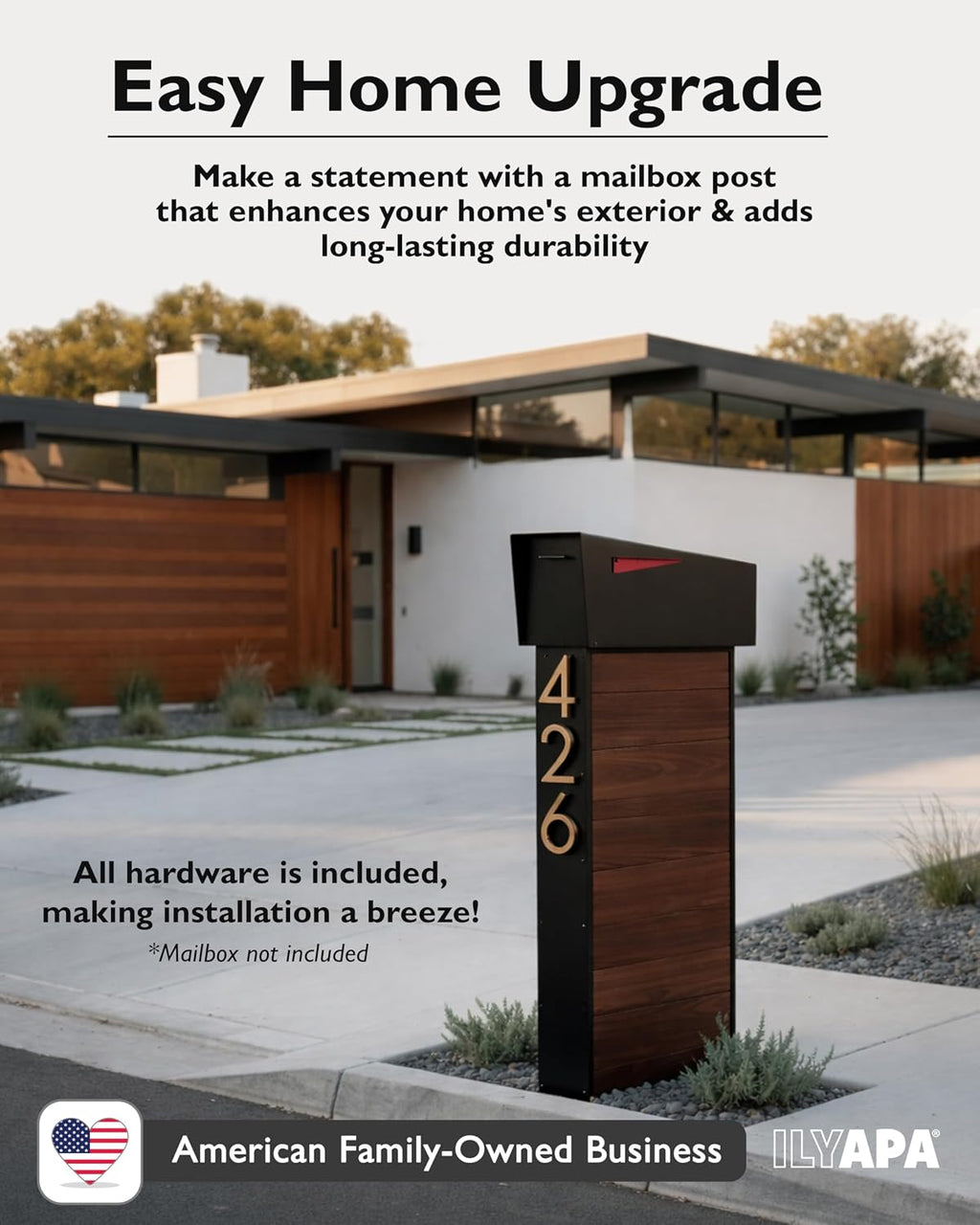 Ilyapa Modern Mailbox Post for Outside, 41x18x5 inch Wood Look Metal Mail Box Posts for Decorative Residential Mailboxes, Includes Adjustable Universal Mounting Plate