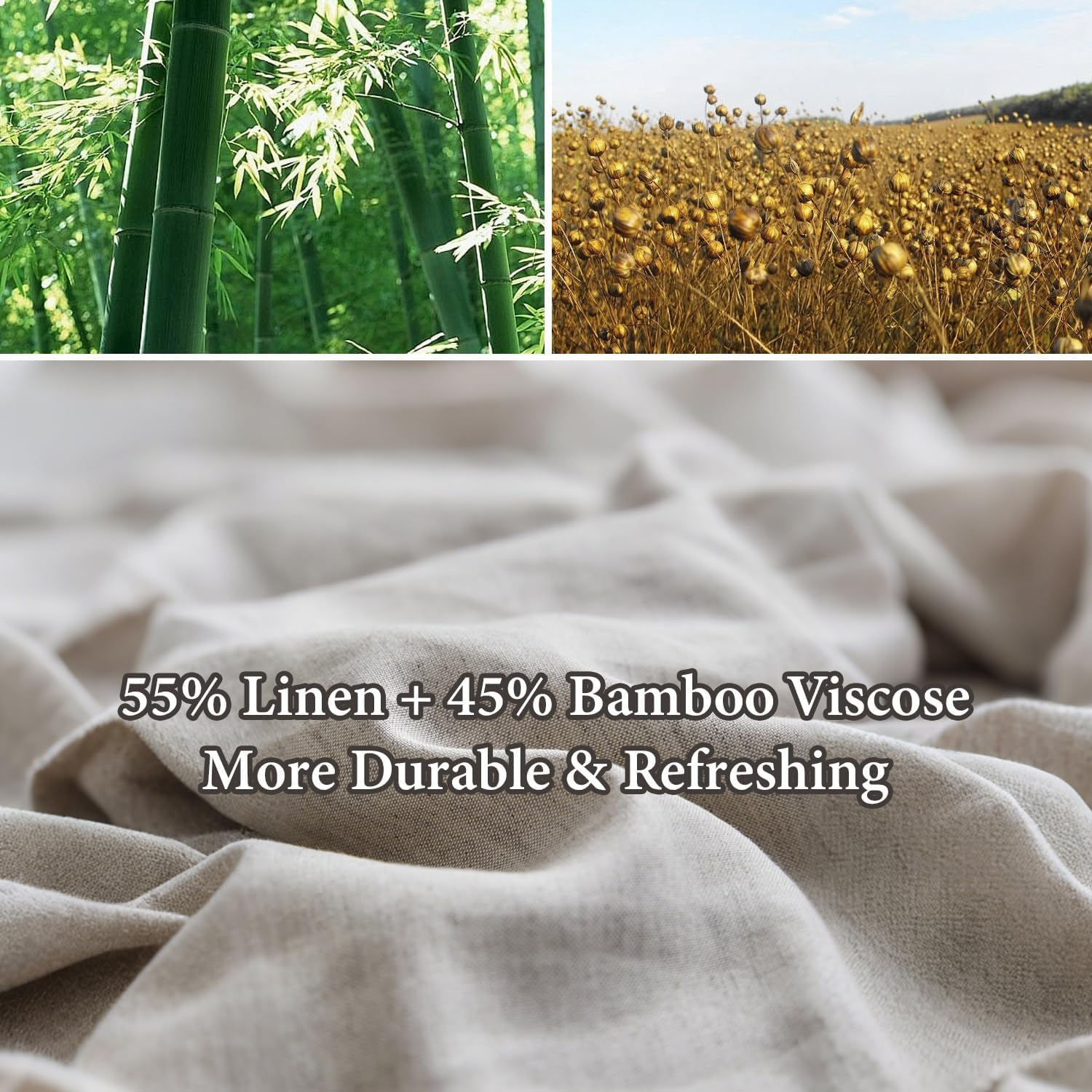 Simple&Opulence French Linen Blended Duvet Cover Queen, Flax Viscose Derived from Bamboo Bedding Set with Pom Pom Trim Soft Cooling for Hot Sleepers, 1 Boho Comforter Cover and 2 Pillow Shams, Linen
