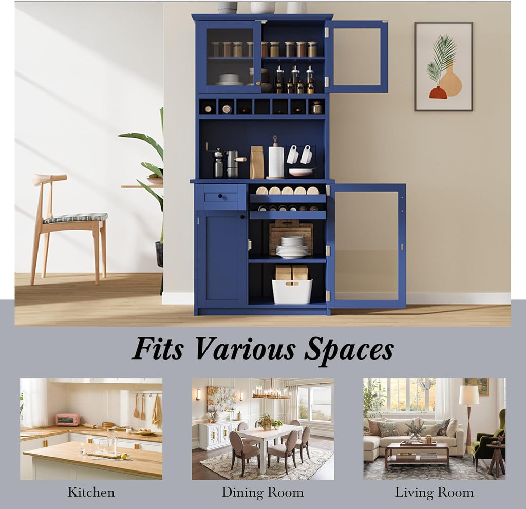Modern 74.8 inch Tall Kitchen Pantry, Freestanding Buffet with Hutch, Kitchen Pantry Storage Cabinet with Wine Rack and Adjustable Shelves for Dining Room (Blue//1)