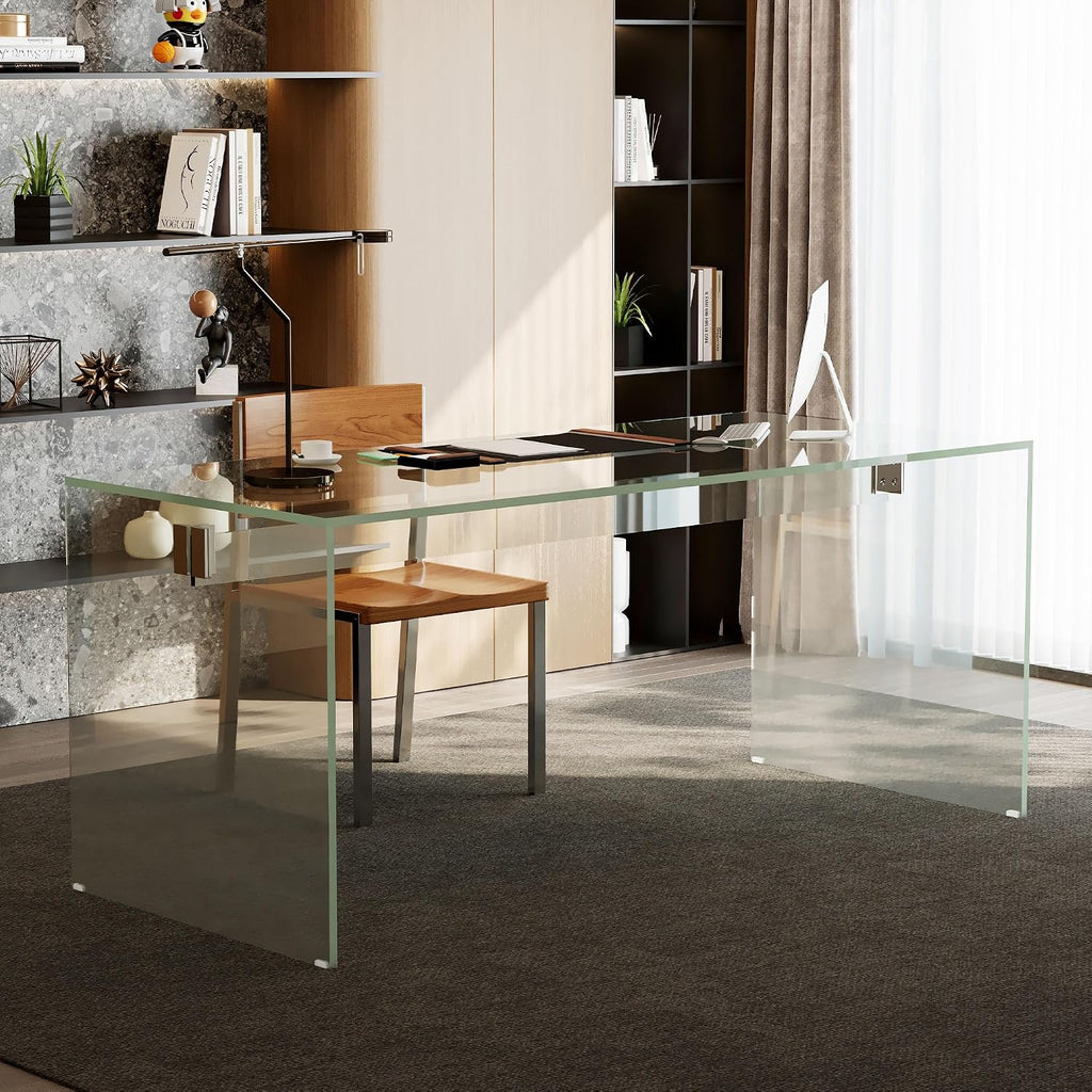 53.14' Modern Tempered Glass Executive Desk with Drawer, Black Wood Finish and Tempered Glass Legs – Minimalist Stylish Workstation Table for Home Office (Transparent Glass Desk)