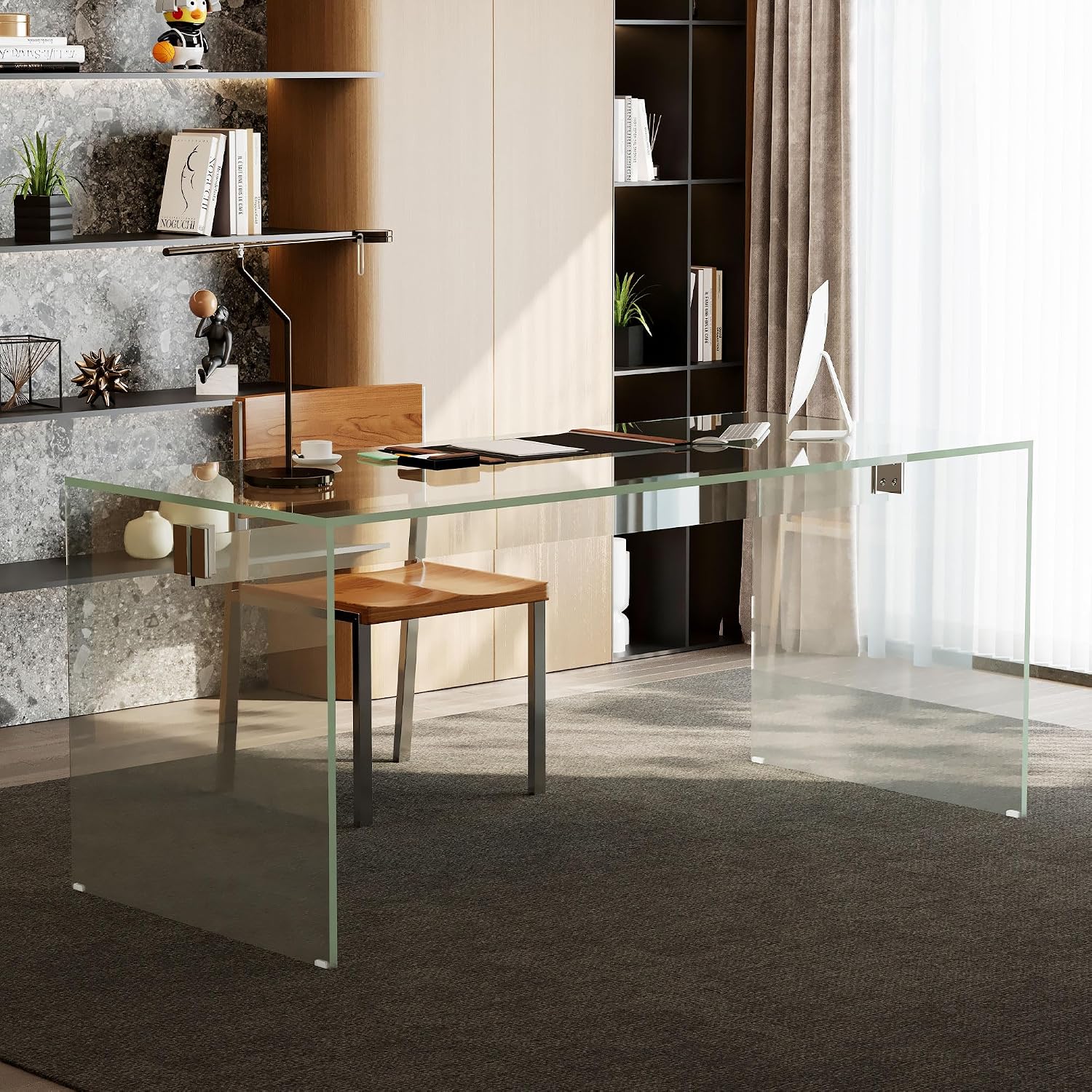 53.14' Modern Tempered Glass Executive Desk with Drawer, Black Wood Finish and Tempered Glass Legs – Minimalist Stylish Workstation Table for Home Office (Transparent Glass Desk)