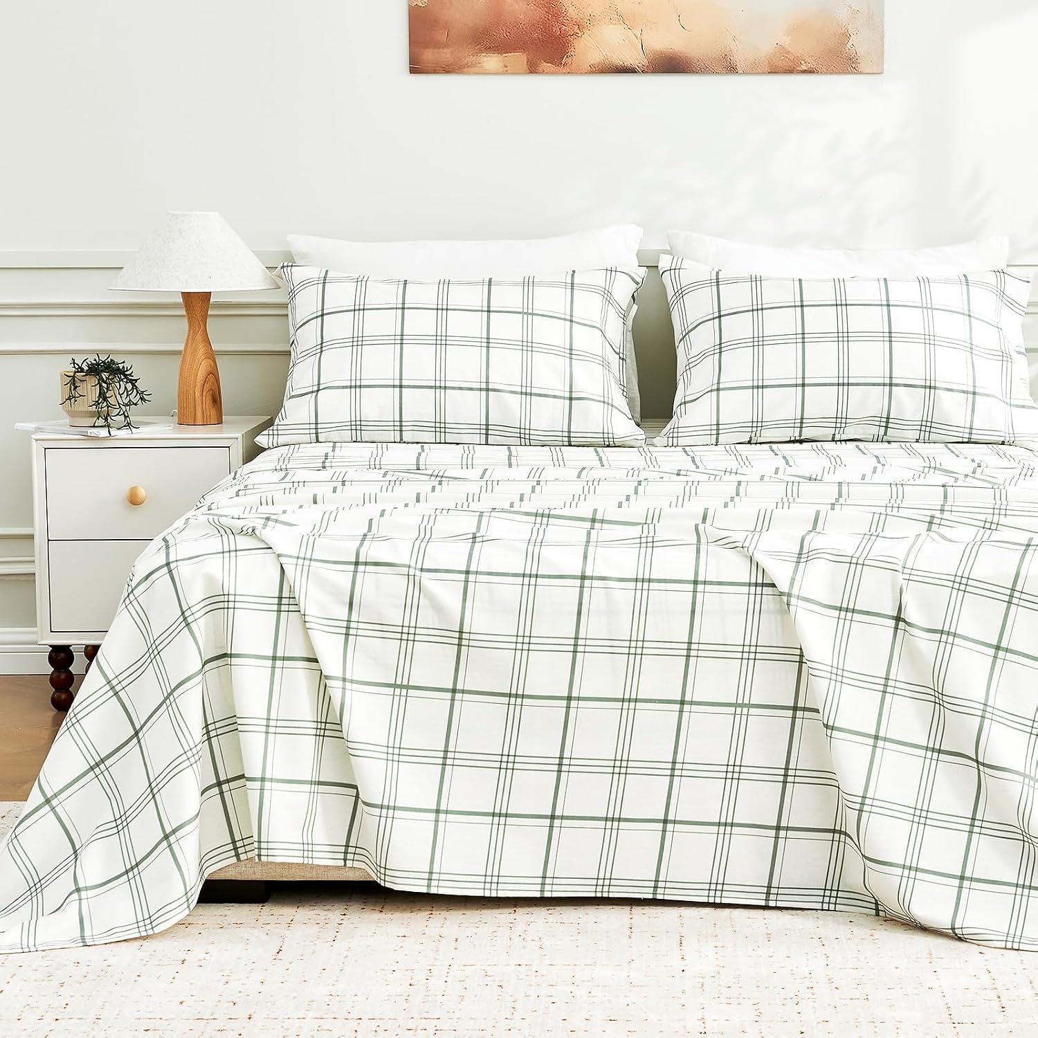 MEISHANG 100% French Pure Linen Sheets King Size - Bed Sheets 4 Piece Sets, Soft Durable Flax Linen, Anti-Tear Breathable Moisture Wicking with 16' Deep Pocket (Green Plaid)