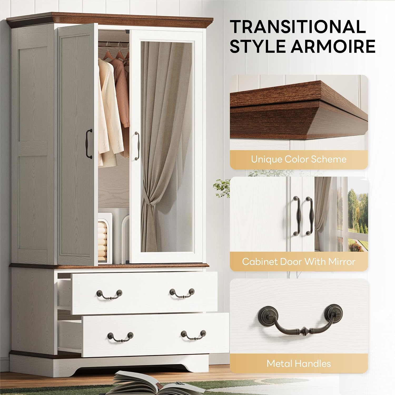 LIKIMIO Armoire Wardrobe Closet with Mirror, 70.1' Wooden Clothing Storage Cabinet with 2 Doors & 2 Drawers, Modern Bedroom Freestanding Wardrobe Combination with Hanging Rod, Cherry with White