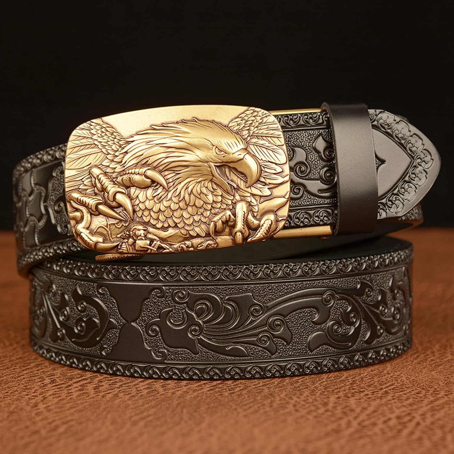 Western 3D Eagle Ratchet Belt for Men – Vintage Cowboy Distressed Genuine Leather Dress Gift