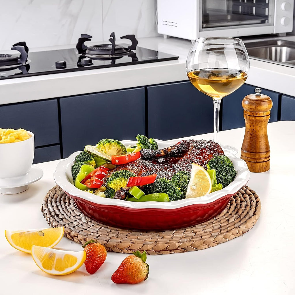 Bakeware Baking Tray Household Crinkle Rim Porcelain Roasting Pan Baking Dish Plate For Pancake,Bbq,Pizza,Fruit Pie,Quiche,Tarts Baking Pan