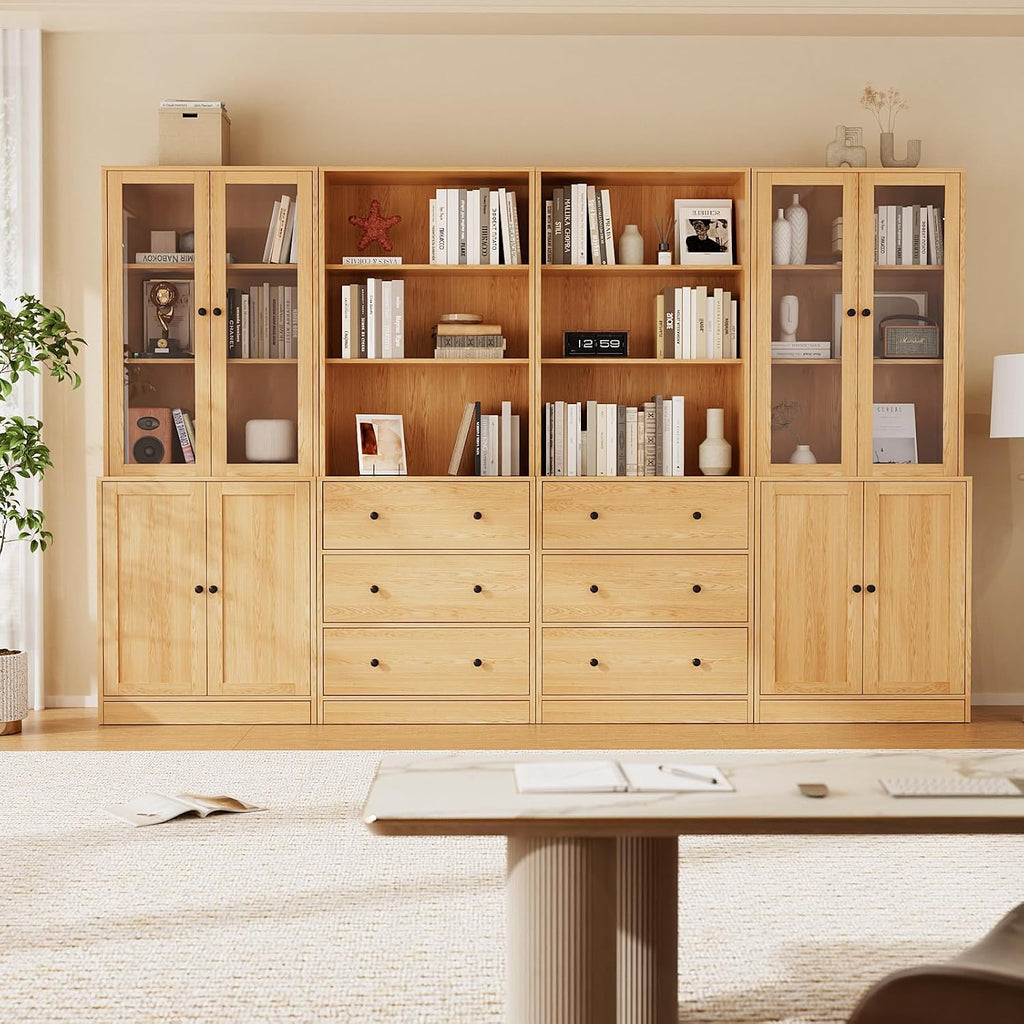 TUSY 71' H Bookshelf with Storage, 6-Tier Modern Bookshelves with 3 Large Drawer, Display Bookcase with Glass Doors, Modern 5-Tier Curio Cabinet for Home Office, Dining Room (Wood, ABBA)