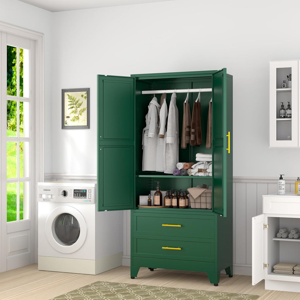 Metal Armoire Wardrobe Closet Storage Cabinet with Hanging Rod,71'' Metal Wardrobe Cabinet with 2 Drawers and Adjustable Shelf,2 Doors for Bedroom, Laundry Room, Cloak Room